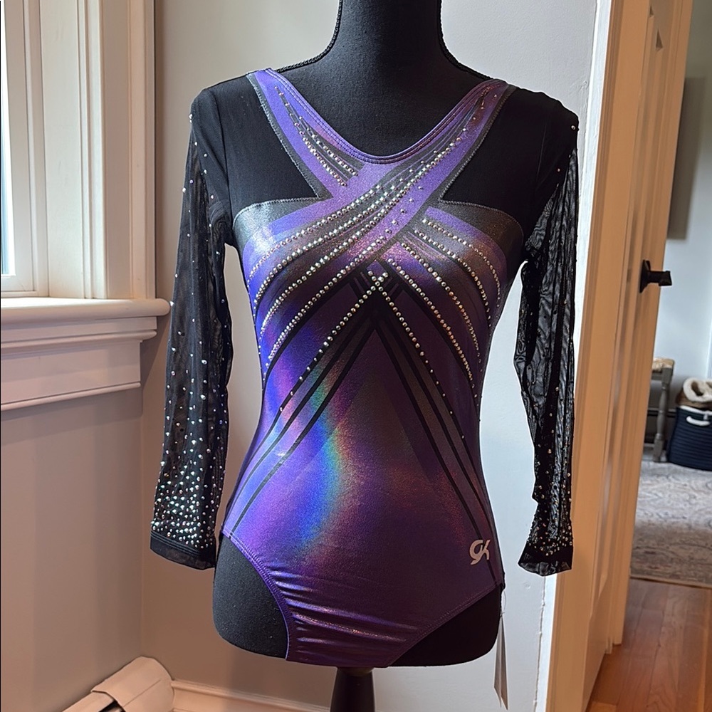 GK NWT Black and Purple Asymmetrical Competitive Leotard (Broderick Gymnastics)